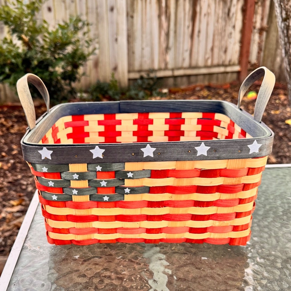 Woven Patriotic Stars Stripes Basket July 4th Red White Blue Storage Decor USA